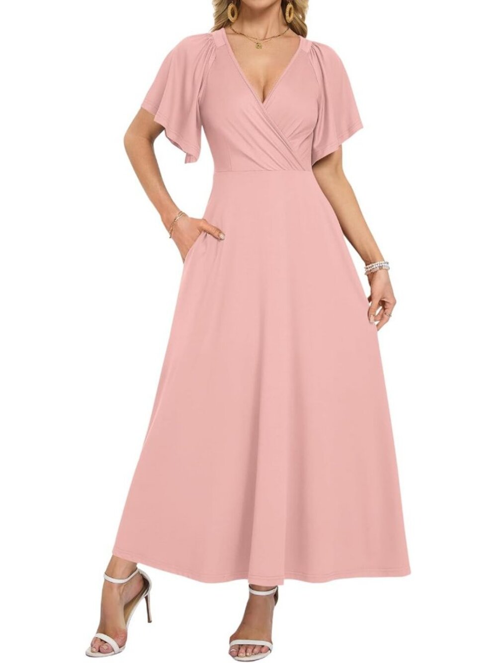 Chic Maxi Dress for Women - Ruffle Sleeve, V-Neck, Summer Wrap Style